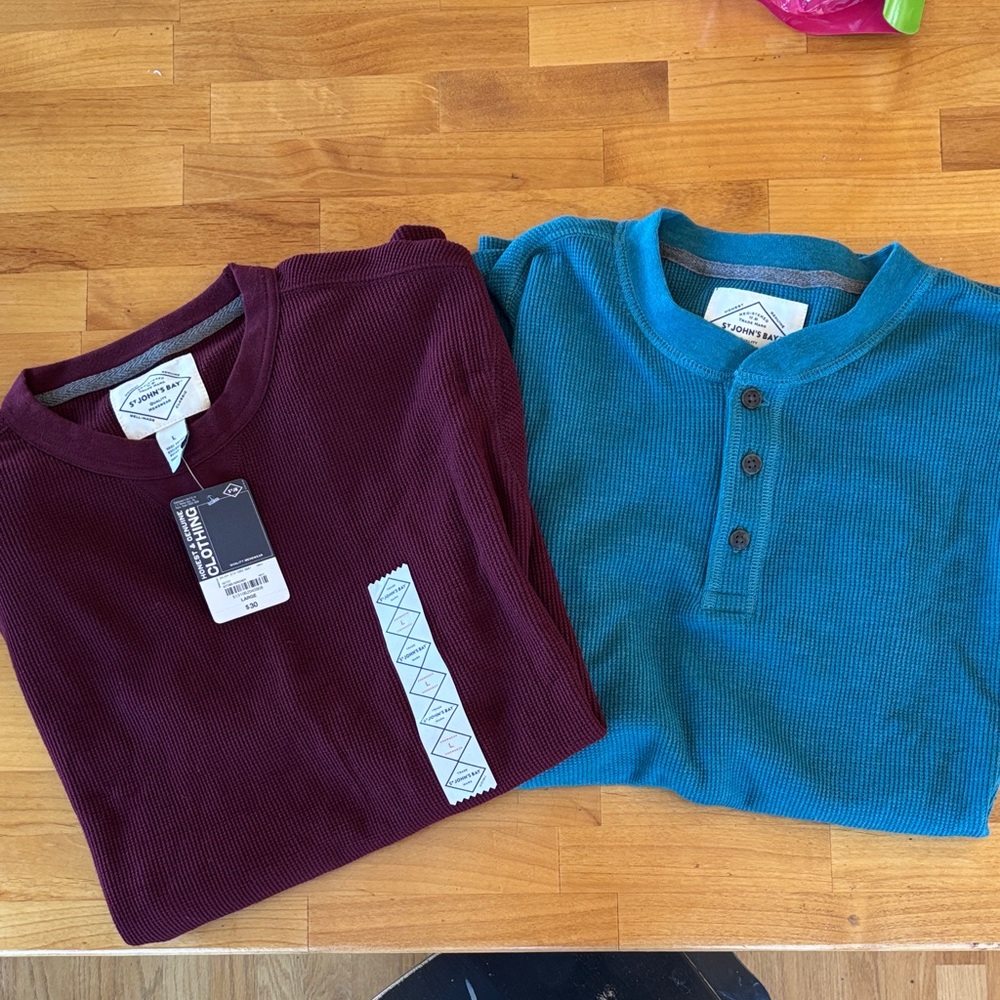Men’s St. John’s Bay Ribbed Henley Shirts - Teal and Burgundy